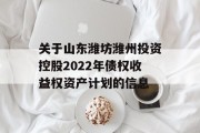 关于山东潍坊潍州投资控股2022年债权收益权资产计划的信息