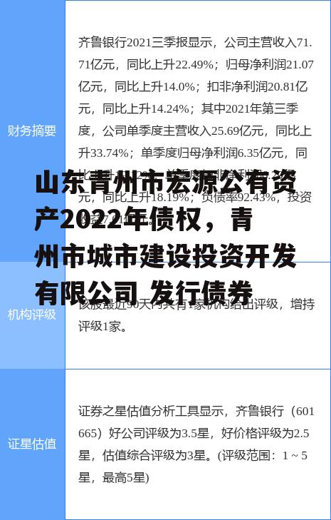 山东青州市宏源公有资产2022年债权，青州市城市建设投资开发有限公司 发行债券