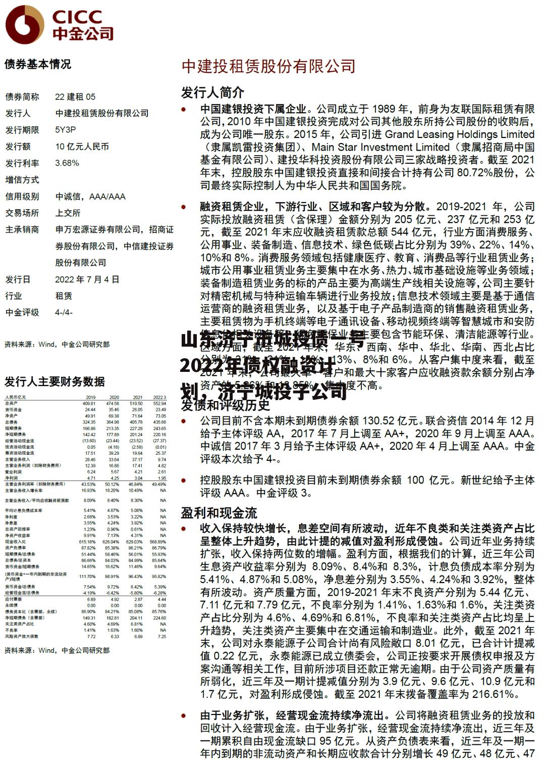 山东济宁市城投债一号2022年债权融资计划，济宁城投子公司