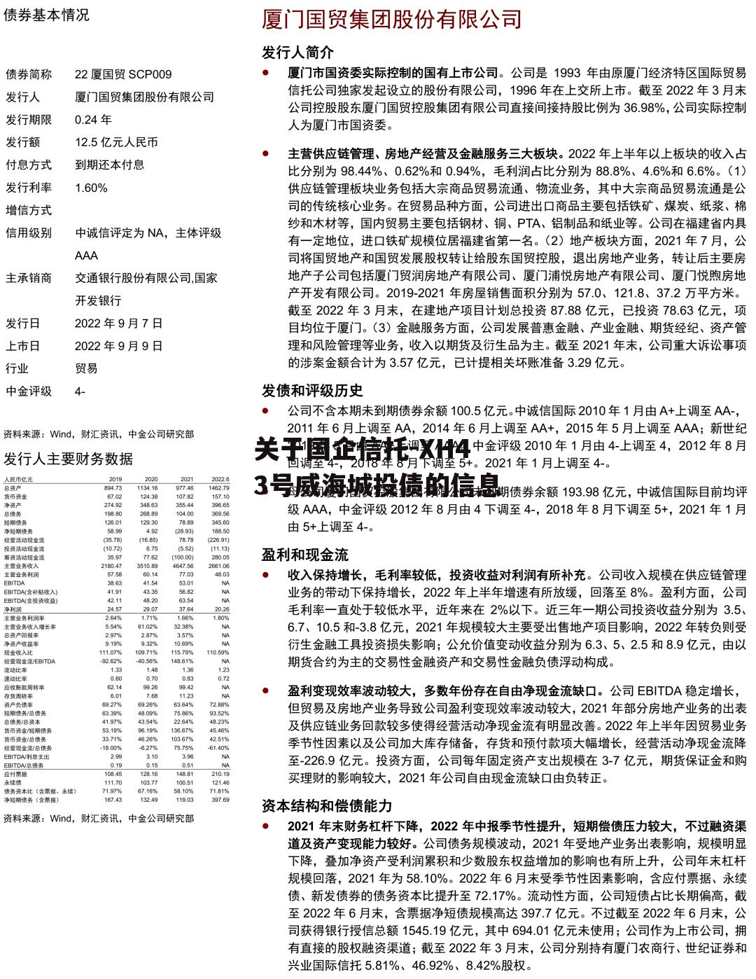 关于国企信托-XH43号威海城投债的信息