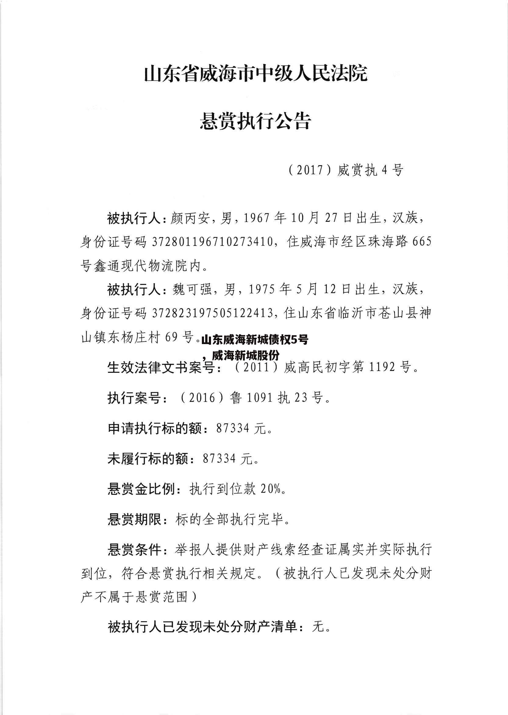 山东威海新城债权5号，威海新城股份