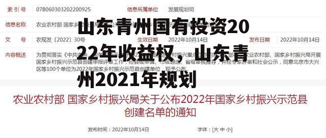 山东青州国有投资2022年收益权，山东青州2021年规划