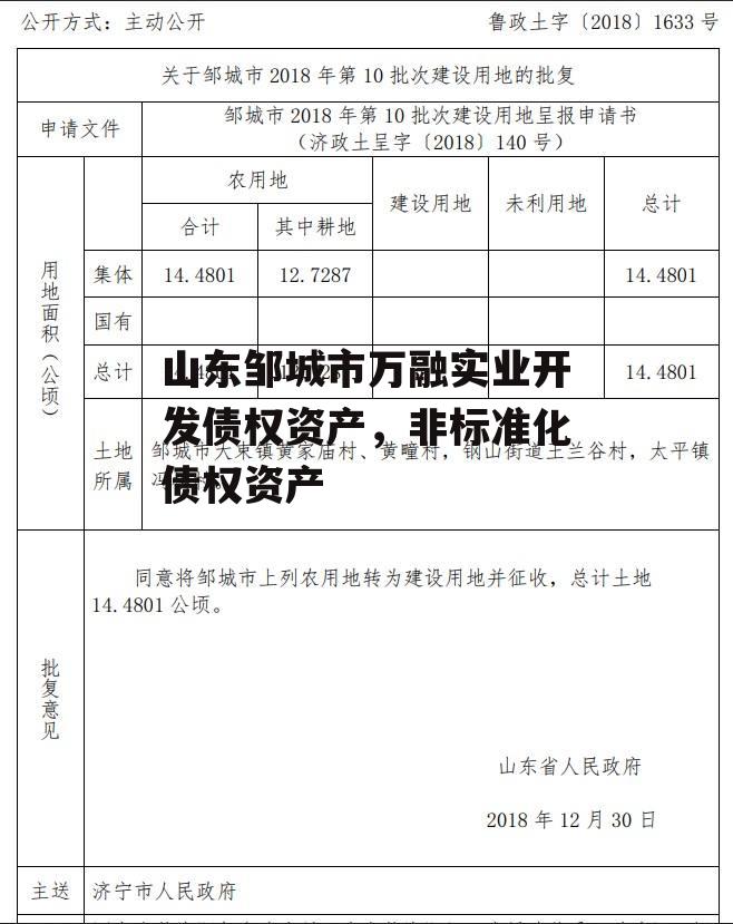 山东邹城市万融实业开发债权资产，非标准化债权资产