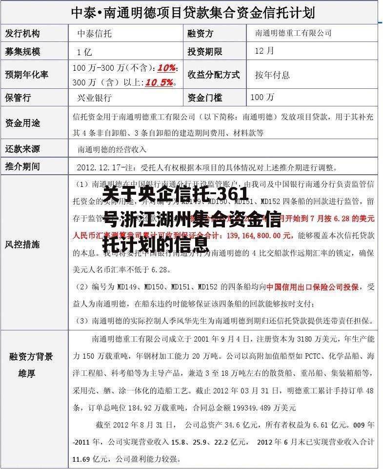 关于央企信托-361号浙江湖州集合资金信托计划的信息