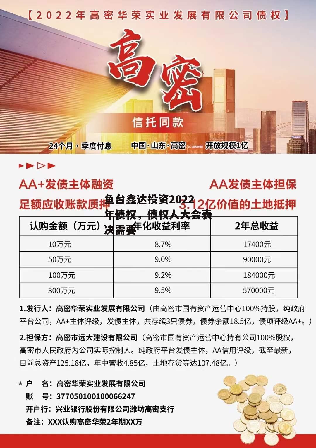 鱼台鑫达投资2022年债权，债权人大会表决需要