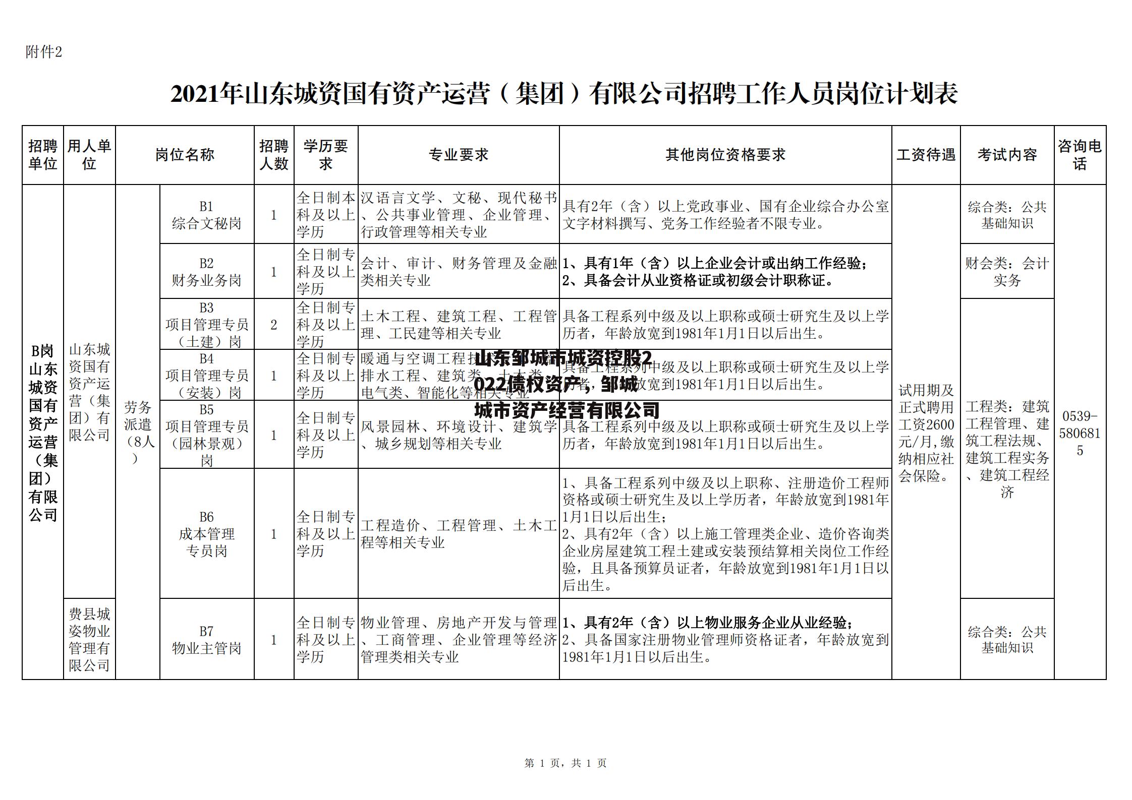 山东邹城市城资控股2022债权资产，邹城城市资产经营有限公司