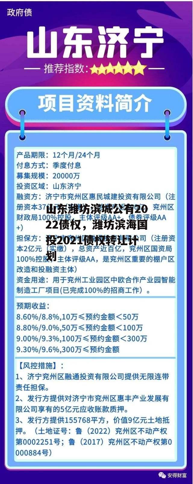 山东潍坊滨城公有2022债权，潍坊滨海国投2021债权转让计划