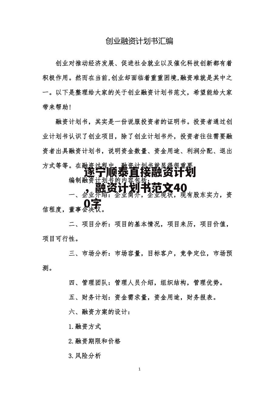 遂宁顺泰直接融资计划，融资计划书范文400字