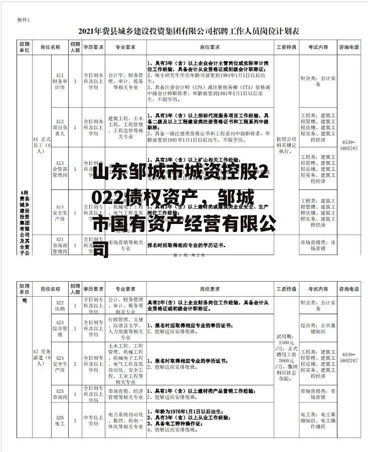 山东邹城市城资控股2022债权资产，邹城市国有资产经营有限公司