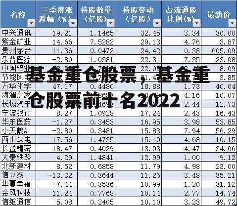 基金重仓股票，基金重仓股票前十名2022