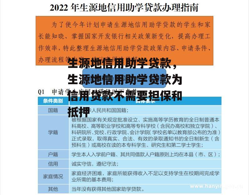 生源地信用助学贷款，生源地信用助学贷款为信用贷款不需要担保和抵押